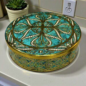 Vintage Daher Round Aqua Blue Gold Tin Made In England 11101 Empty Container 8"